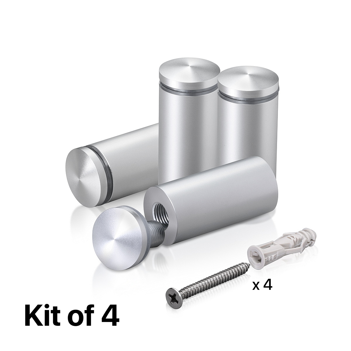 (Set of 4) 7/8'' Diameter X 1-3/4'' Barrel Length, Aluminum Rounded Head Standoffs, Clear Anodized Finish Standoff with (4) 2216Z Screws and (4) LANC1 Anchors for concrete or drywall (For Inside / Outside use) [Required Material Hole Size: 7/16'']