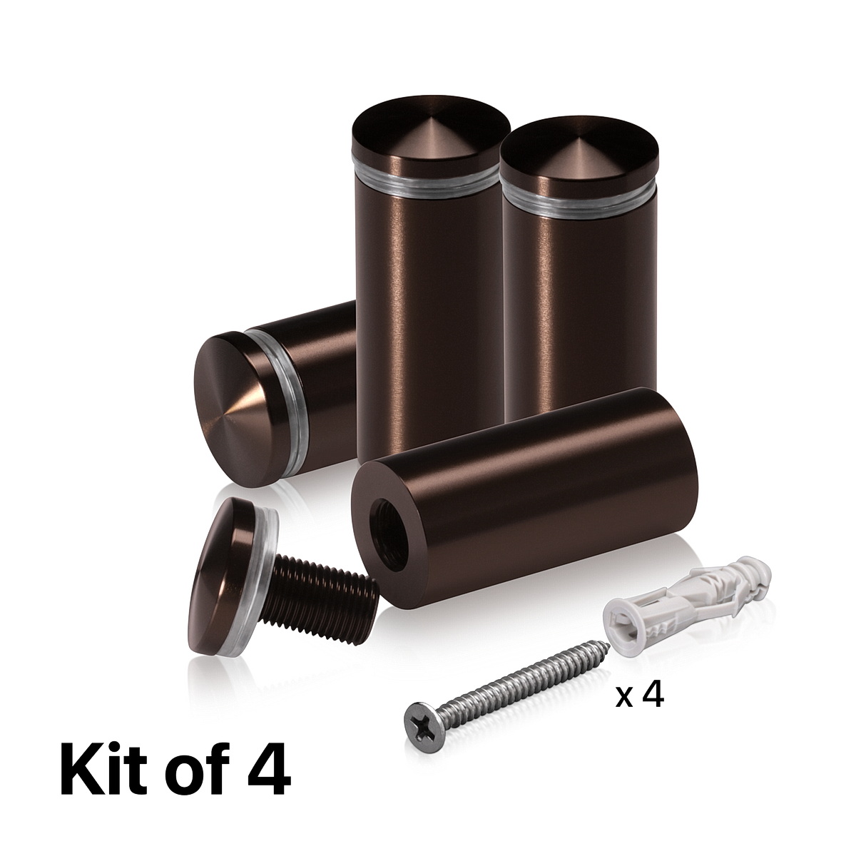 (Set of 4) 7/8'' Diameter X 1-3/4'' Barrel Length, Aluminum Rounded Head Standoffs, Bronze Anodized Finish Standoff with (4) 2216Z Screws and (4) LANC1 Anchors for concrete or drywall (For Inside / Outside use) [Required Material Hole Size: 7/16'']