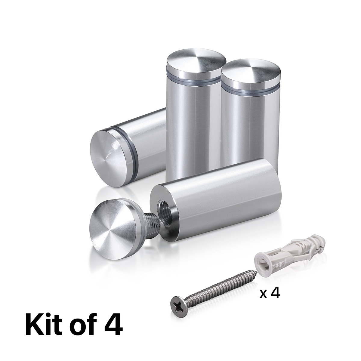 (Set of 4) 7/8'' Diameter X 1-3/4'' Barrel Length, Aluminum Rounded Head Standoffs, Shiny Anodized Finish Standoff with (4) 2216Z Screws and (4) LANC1 Anchors for concrete or drywall (For Inside / Outside use) [Required Material Hole Size: 7/16'']