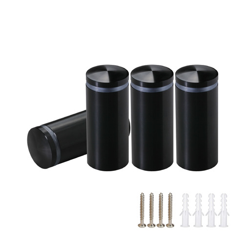 (Set of 4) 7/8'' Diameter X 1-3/4'' Barrel Length, Aluminum Rounded Head Standoffs, Black Anodized Finish Standoff with (4) 2216Z Screws and (4) LANC1 Anchors for concrete or drywall (For Inside / Outside use) [Required Material Hole Size: 7/16'']