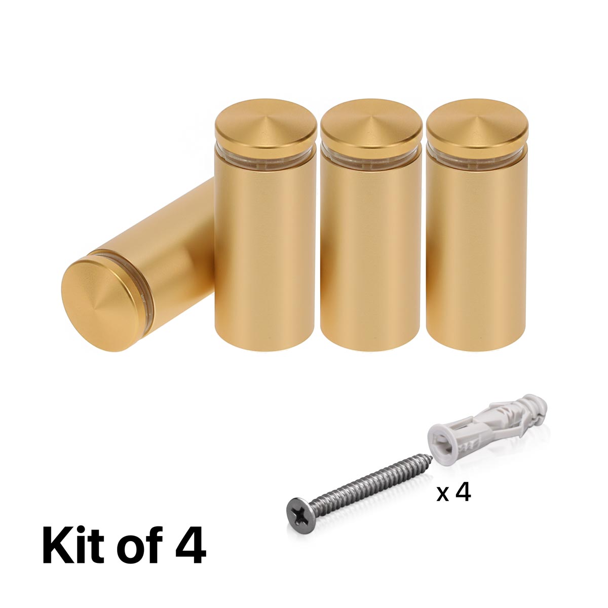 (Set of 4) 7/8'' Diameter X 1-3/4'' Barrel Length, Alumi. Rounded Head Standoffs, Matte Champagne Anodized Finish Standoff with (4) 2216Z Screws and (4) LANC1 Anchors for concrete or drywall (For In / Out use) [Required Material Hole Size: 7/16'']