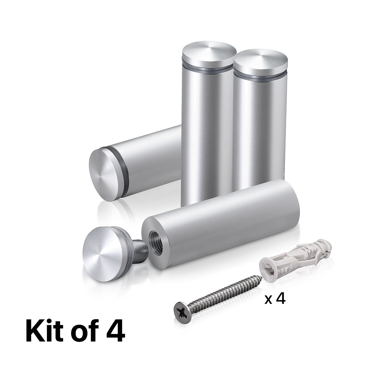 (Set of 4) 7/8'' Diameter X 2-1/2'' Barrel Length, Aluminum Rounded Head Standoffs, Clear Anodized Finish Standoff with (4) 2216Z Screws and (4) LANC1 Anchors for concrete or drywall (For Inside / Outside use) [Required Material Hole Size: 7/16'']