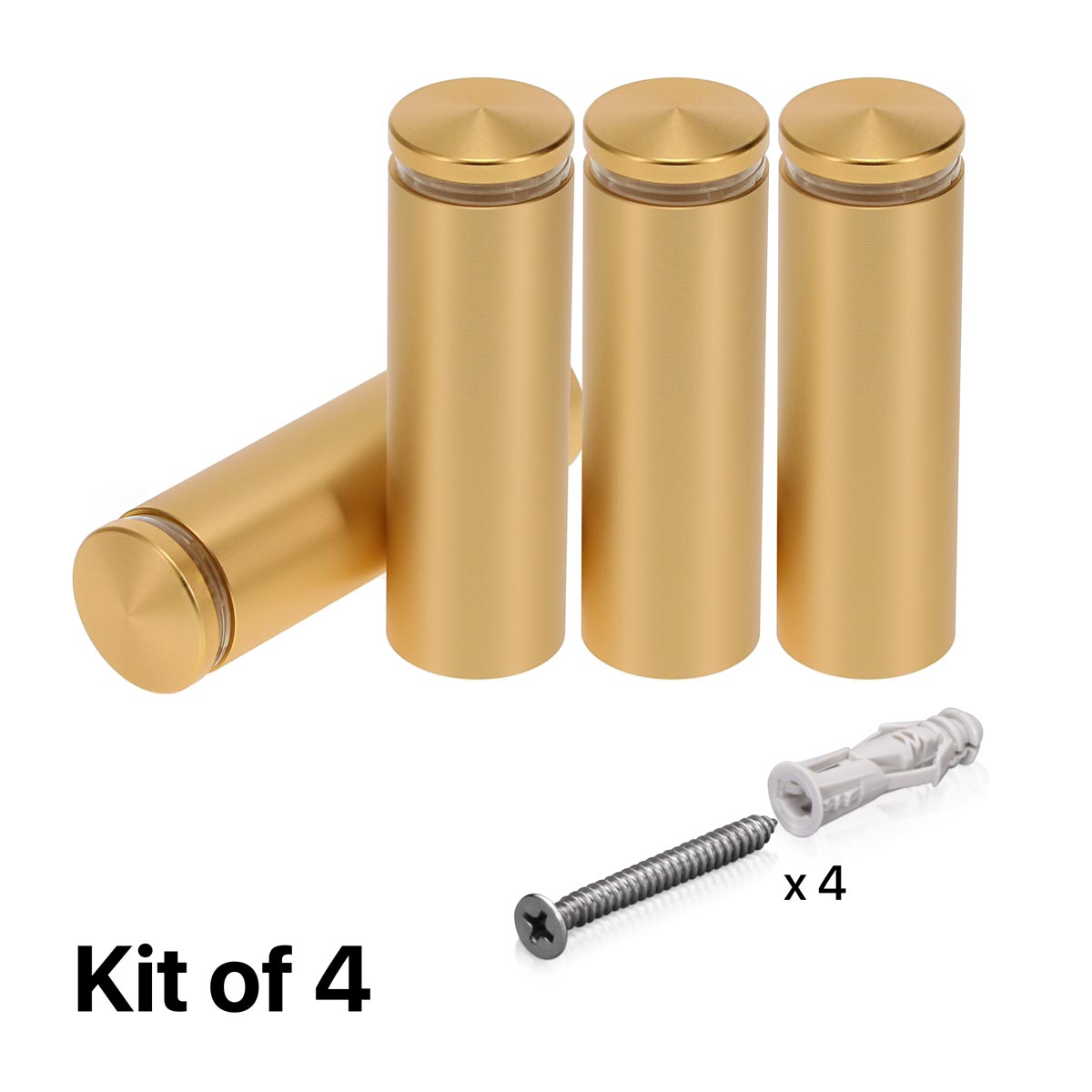 (Set of 4) 7/8'' Diameter X 2-1/2'' Barrel Length, Alumi. Rounded Head Standoffs, Matte Champagne Anodized Finish Standoff with (4) 2216Z Screws and (4) LANC1 Anchors for concrete or drywall (For In / Out use) [Required Material Hole Size: 7/16'']