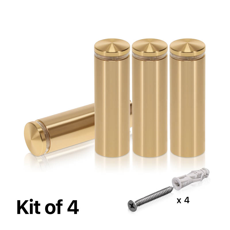 (Set of 4) 7/8'' Diameter X 2-1/2'' Barrel Length, Aluminum Rounded Head Standoffs, Champagne Anodized Finish Standoff with (4) 2216Z Screws and (4) LANC1 Anchors for concrete or drywall (For Inside / Outside use) [Required Material Hole Size: 7/16'']