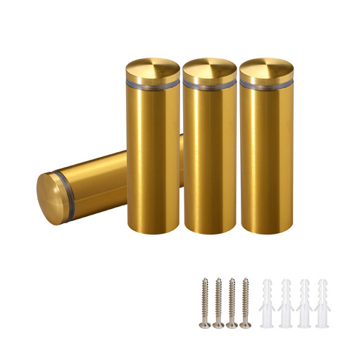 (Set of 4) 7/8'' Diameter X 2-1/2'' Barrel Length, Aluminum Rounded Head Standoffs, Gold Anodized Finish Standoff with (4) 2216Z Screws and (4) LANC1 Anchors for concrete or drywall (For Inside / Outside use) [Required Material Hole Size: 7/16'']