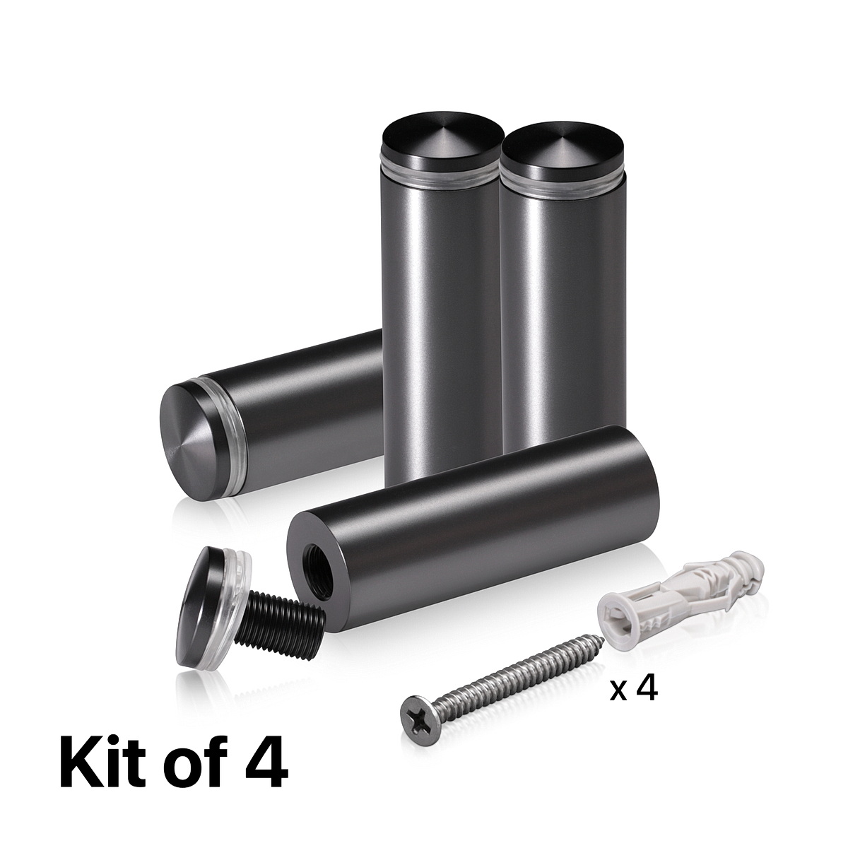 (Set of 4) 7/8'' Diameter X 2-1/2'' Barrel Length, Aluminum Rounded Head Standoffs, Titanium Anodized Finish Standoff with (4) 2216Z Screws and (4) LANC1 Anchors for concrete or drywall (For Inside / Outside use) [Required Material Hole Size: 7/16'']