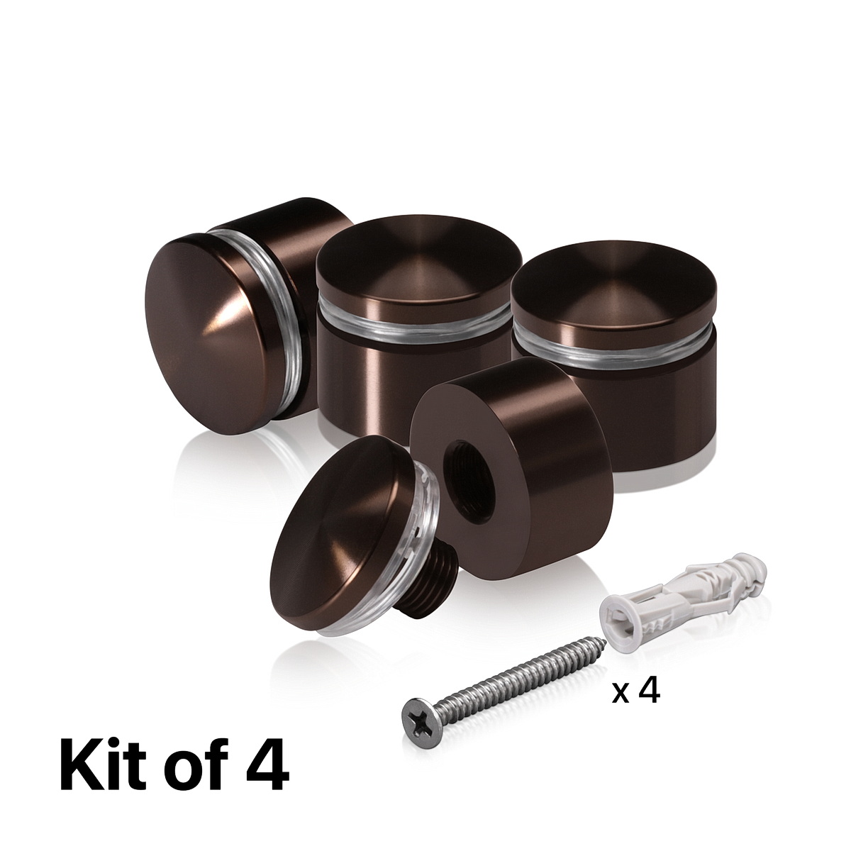 (Set of 4) 1'' Diameter X 1/2'' Barrel Length, Aluminum Rounded Head Standoffs, Bronze Anodized Finish Standoff with (4) 2216Z Screws and (4) LANC1 Anchors for concrete or drywall (For Inside / Outside use) [Required Material Hole Size: 7/16'']