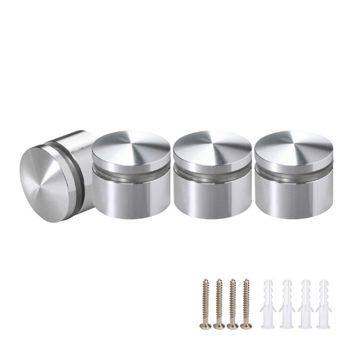 (Set of 4) 1'' Diameter X 1/2'' Barrel Length, Aluminum Rounded Head Standoffs, Shiny Anodized Finish Standoff with (4) 2216Z Screws and (4) LANC1 Anchors for concrete or drywall (For Inside / Outside use) [Required Material Hole Size: 7/16'']