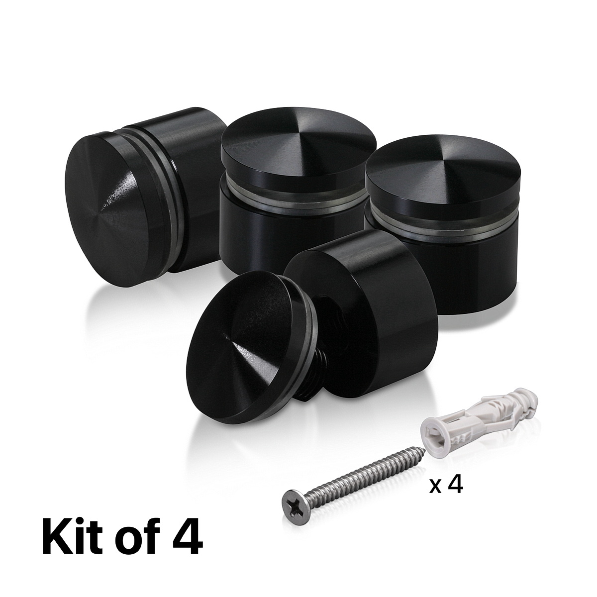 (Set of 4) 1'' Diameter X 1/2'' Barrel Length, Aluminum Rounded Head Standoffs, Black Anodized Finish Standoff with (4) 2216Z Screws and (4) LANC1 Anchors for concrete or drywall (For Inside / Outside use) [Required Material Hole Size: 7/16'']