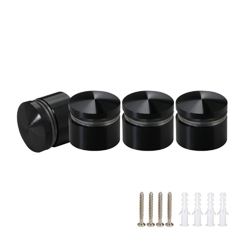 (Set of 4) 1'' Diameter X 1/2'' Barrel Length, Aluminum Rounded Head Standoffs, Black Anodized Finish Standoff with (4) 2216Z Screws and (4) LANC1 Anchors for concrete or drywall (For Inside / Outside use) [Required Material Hole Size: 7/16'']