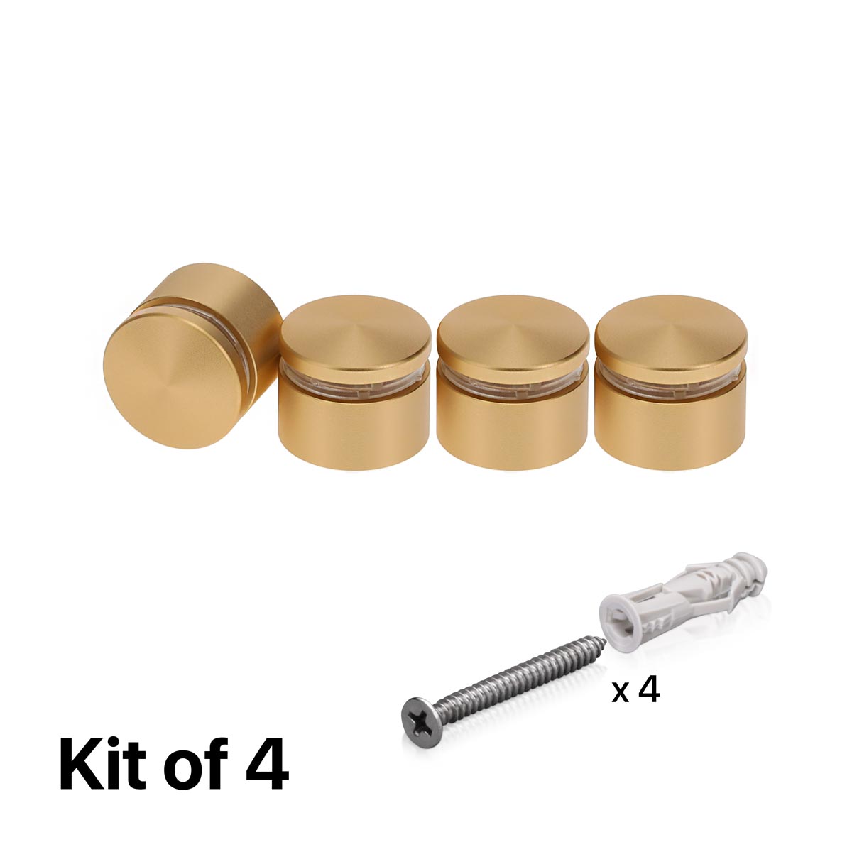 (Set of 4) 1'' Diameter X 1/2'' Barrel Length, Alumi. Rounded Head Standoffs, Matte Champagne Anodized Finish Standoff with (4) 2216Z Screws and (4) LANC1 Anchors for concrete or drywall (For In / Out use) [Required Material Hole Size: 7/16'']