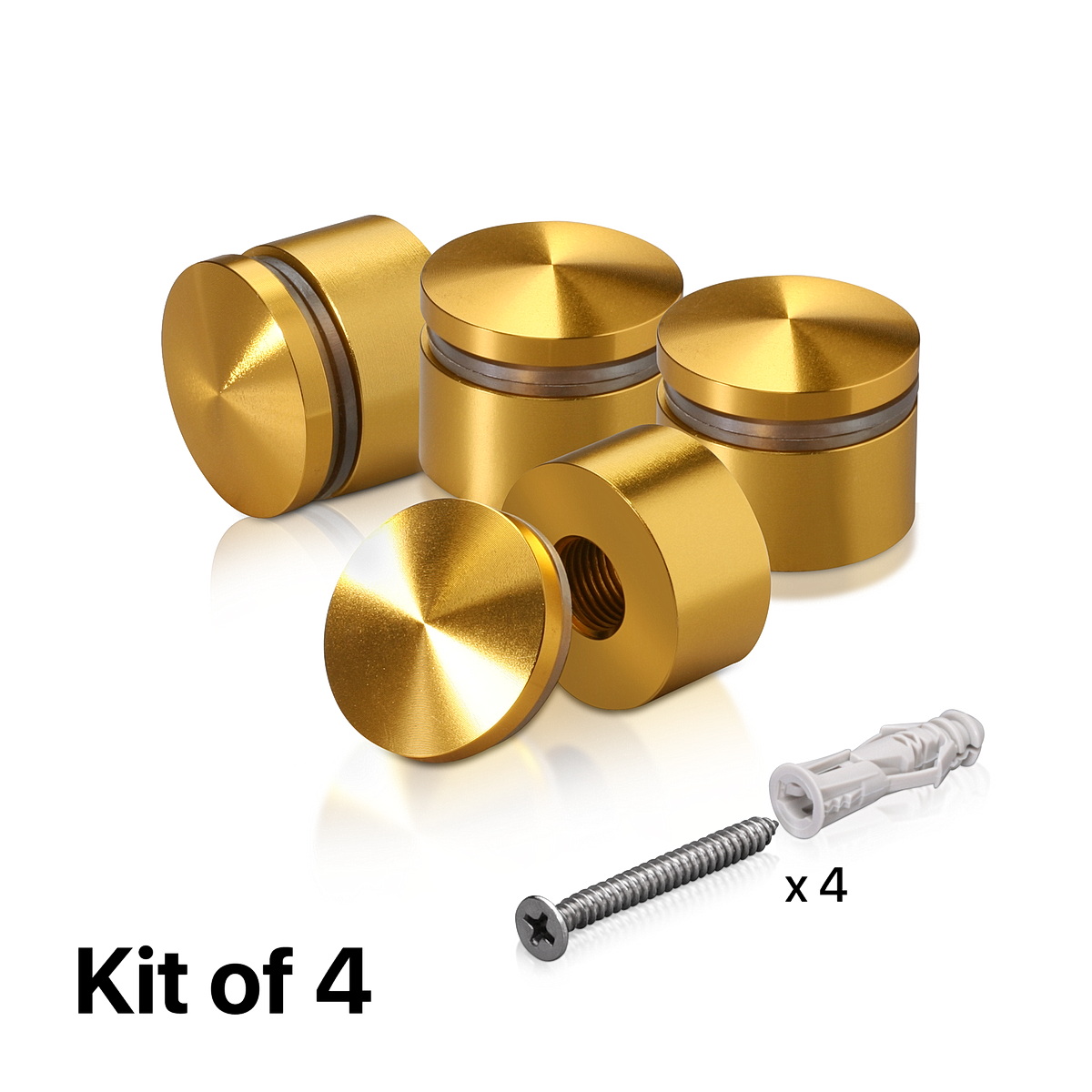 (Set of 4) 1'' Diameter X 1/2'' Barrel Length, Aluminum Rounded Head Standoffs, Gold Anodized Finish Standoff with (4) 2216Z Screws and (4) LANC1 Anchors for concrete or drywall (For Inside / Outside use) [Required Material Hole Size: 7/16'']
