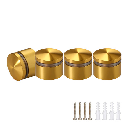 (Set of 4) 1'' Diameter X 1/2'' Barrel Length, Aluminum Rounded Head Standoffs, Gold Anodized Finish Standoff with (4) 2216Z Screws and (4) LANC1 Anchors for concrete or drywall (For Inside / Outside use) [Required Material Hole Size: 7/16'']