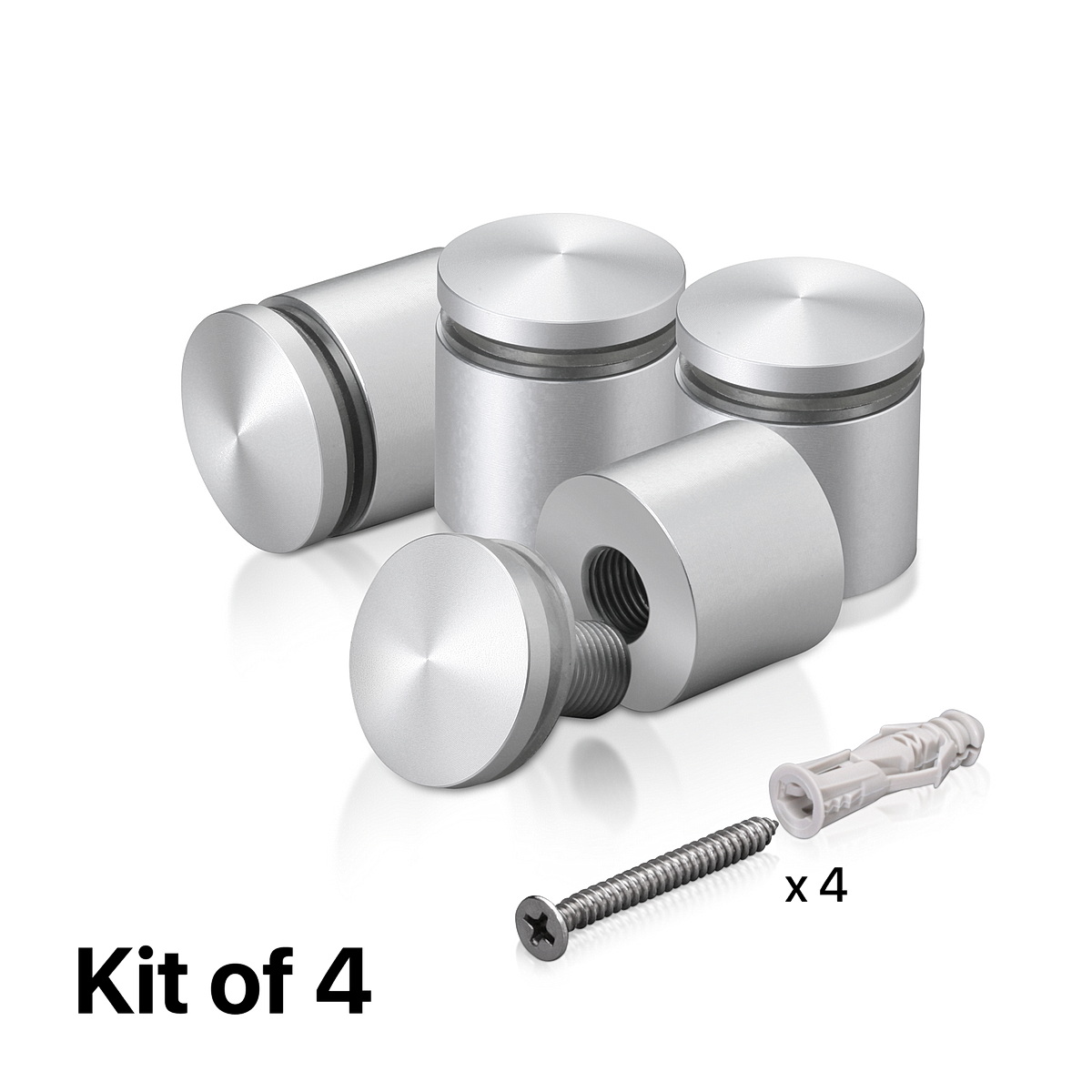 (Set of 4) 1'' Diameter X 3/4'' Barrel Length, Aluminum Rounded Head Standoffs, Clear Anodized Finish Standoff with (4) 2216Z Screws and (4) LANC1 Anchors for concrete or drywall (For Inside / Outside use) [Required Material Hole Size: 7/16'']