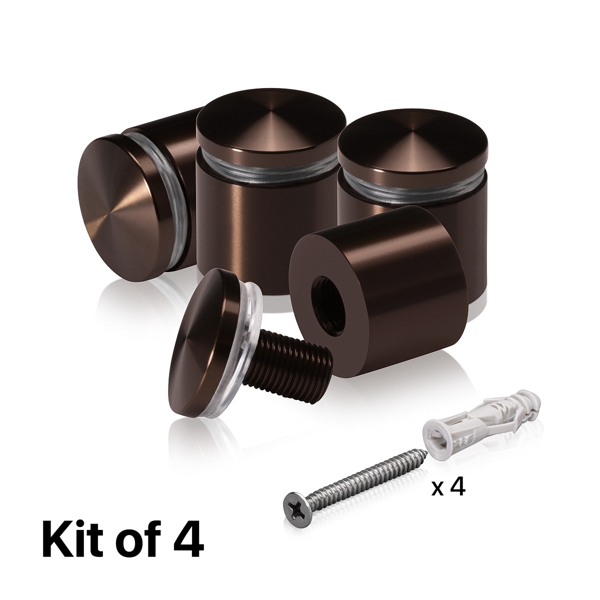 (Set of 4) 1'' Diameter X 3/4'' Barrel Length, Aluminum Rounded Head Standoffs, Bronze Anodized Finish Standoff with (4) 2216Z Screws and (4) LANC1 Anchors for concrete or drywall (For Inside / Outside use) [Required Material Hole Size: 7/16'']