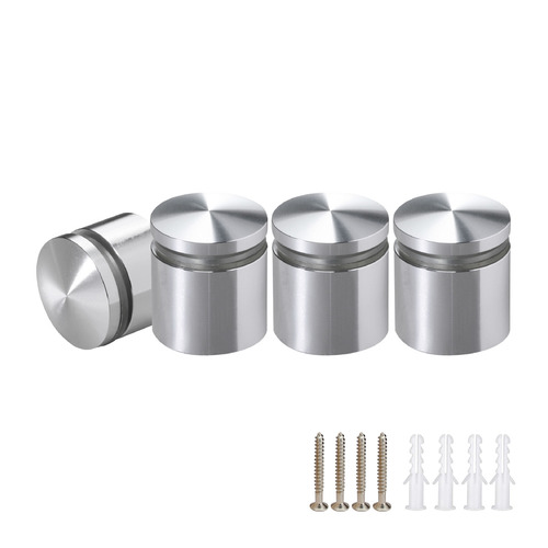 (Set of 4) 1'' Diameter X 3/4'' Barrel Length, Aluminum Rounded Head Standoffs, Shiny Anodized Finish Standoff with (4) 2216Z Screws and (4) LANC1 Anchors for concrete or drywall (For Inside / Outside use) [Required Material Hole Size: 7/16'']