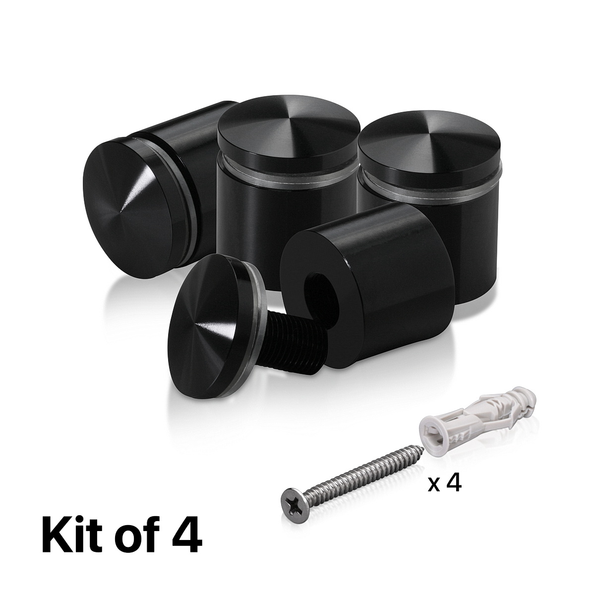 (Set of 4) 1'' Diameter X 3/4'' Barrel Length, Aluminum Rounded Head Standoffs, Black Anodized Finish Standoff with (4) 2216Z Screws and (4) LANC1 Anchors for concrete or drywall (For Inside / Outside use) [Required Material Hole Size: 7/16'']