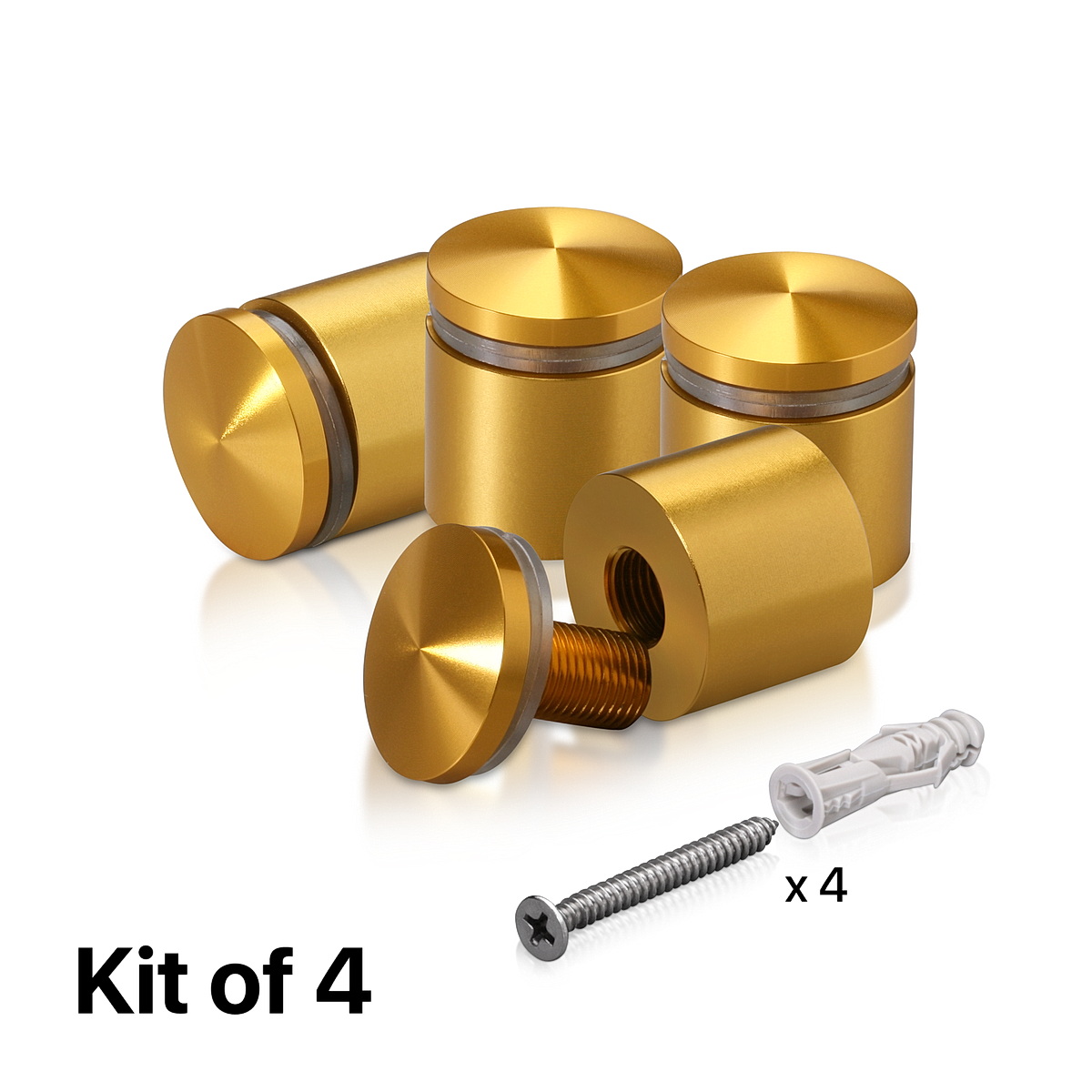 (Set of 4) 1'' Diameter X 3/4'' Barrel Length, Aluminum Rounded Head Standoffs, Gold Anodized Finish Standoff with (4) 2216Z Screws and (4) LANC1 Anchors for concrete or drywall (For Inside / Outside use) [Required Material Hole Size: 7/16'']