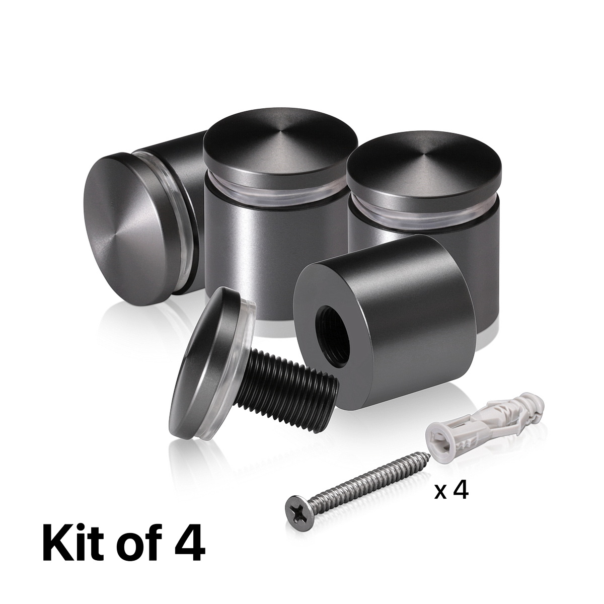 (Set of 4) 1'' Diameter X 3/4'' Barrel Length, Aluminum Rounded Head Standoffs, Titanium Anodized Finish Standoff with (4) 2216Z Screws and (4) LANC1 Anchors for concrete or drywall (For Inside / Outside use) [Required Material Hole Size: 7/16'']