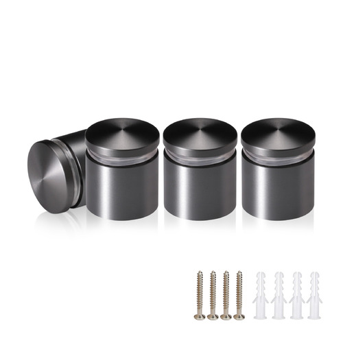 (Set of 4) 1'' Diameter X 3/4'' Barrel Length, Aluminum Rounded Head Standoffs, Titanium Anodized Finish Standoff with (4) 2216Z Screws and (4) LANC1 Anchors for concrete or drywall (For Inside / Outside use) [Required Material Hole Size: 7/16'']