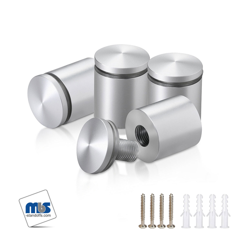 (Set of 4) 1'' Diameter X 1'' Barrel Length, Aluminum Rounded Head Standoffs, Clear Anodized Finish Standoff with (4) 2216Z Screws and (4) LANC1 Anchors for concrete or drywall (For Inside / Outside use) [Required Material Hole Size: 7/16'']