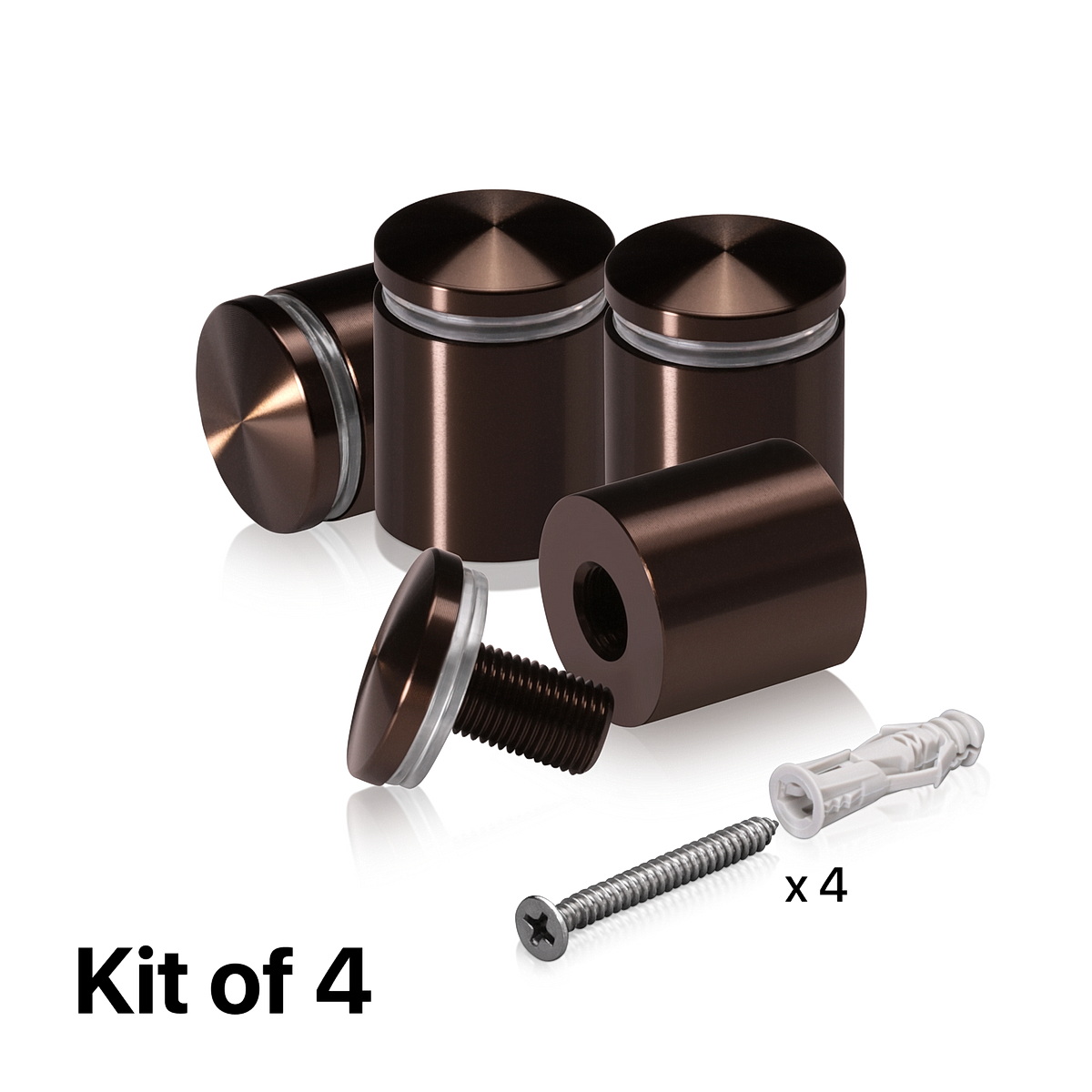 (Set of 4) 1'' Diameter X 1'' Barrel Length, Aluminum Rounded Head Standoffs, Bronze Anodized Finish Standoff with (4) 2216Z Screws and (4) LANC1 Anchors for concrete or drywall (For Inside / Outside use) [Required Material Hole Size: 7/16'']