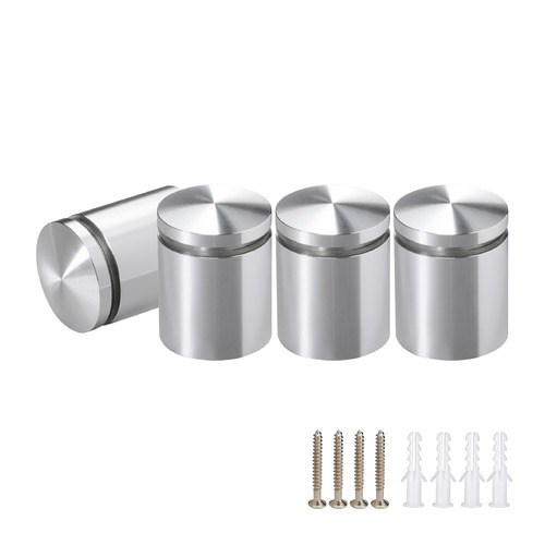 (Set of 4) 1'' Diameter X 1'' Barrel Length, Aluminum Rounded Head Standoffs, Shiny Anodized Finish Standoff with (4) 2216Z Screws and (4) LANC1 Anchors for concrete or drywall (For Inside / Outside use) [Required Material Hole Size: 7/16'']