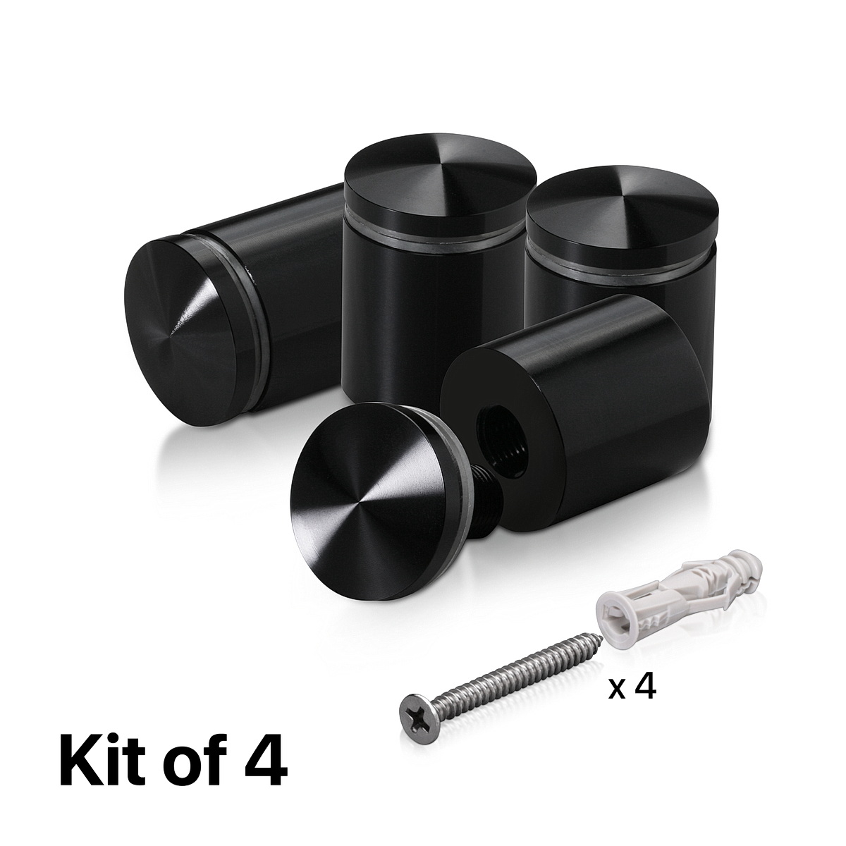 (Set of 4) 1'' Diameter X 1'' Barrel Length, Aluminum Rounded Head Standoffs, Black Anodized Finish Standoff with (4) 2216Z Screws and (4) LANC1 Anchors for concrete or drywall (For Inside / Outside use) [Required Material Hole Size: 7/16'']