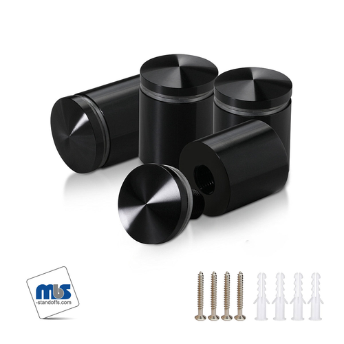(Set of 4) 1'' Diameter X 1'' Barrel Length, Aluminum Rounded Head Standoffs, Black Anodized Finish Standoff with (4) 2216Z Screws and (4) LANC1 Anchors for concrete or drywall (For Inside / Outside use) [Required Material Hole Size: 7/16'']