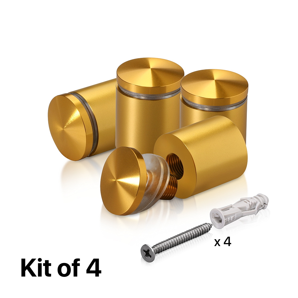(Set of 4) 1'' Diameter X 1'' Barrel Length, Aluminum Rounded Head Standoffs, Gold Anodized Finish Standoff with (4) 2216Z Screws and (4) LANC1 Anchors for concrete or drywall (For Inside / Outside use) [Required Material Hole Size: 7/16'']
