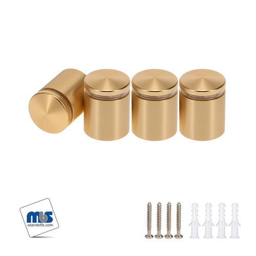 (Set of 4) 1'' Diameter X 1'' Barrel Length, Alumi. Rounded Head Standoffs, Matte Champagne Anodized Finish Standoff with (4) 2216Z Screws and (4) LANC1 Anchors for concrete or drywall (For In / Out use) [Required Material Hole Size: 7/16'']