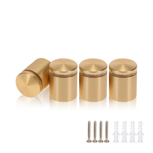 (Set of 4) 1'' Diameter X 1'' Barrel Length, Alumi. Rounded Head Standoffs, Matte Champagne Anodized Finish Standoff with (4) 2216Z Screws and (4) LANC1 Anchors for concrete or drywall (For In / Out use) [Required Material Hole Size: 7/16'']