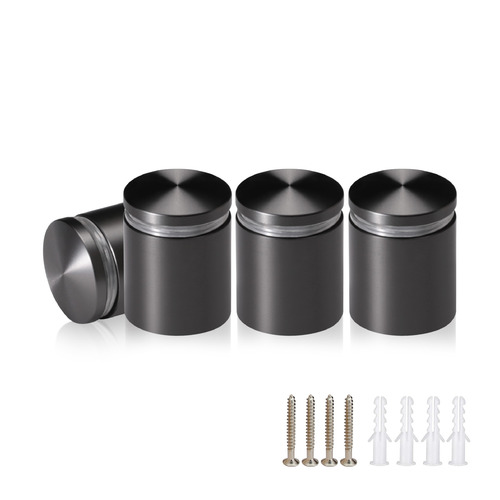 (Set of 4) 1'' Diameter X 1'' Barrel Length, Aluminum Rounded Head Standoffs, Titanium Anodized Finish Standoff with (4) 2216Z Screws and (4) LANC1 Anchors for concrete or drywall (For Inside / Outside use) [Required Material Hole Size: 7/16'']