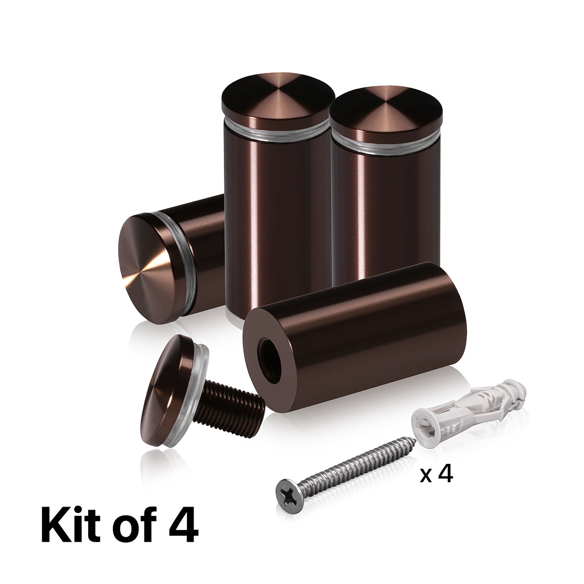 (Set of 4) 1'' Diameter X 1-3/4 Barrel Length, Aluminum Rounded Head Standoffs, Bronze Anodized Finish Standoff with (4) 2216Z Screws and (4) LANC1 Anchors for concrete or drywall (For Inside / Outside use) [Required Material Hole Size: 7/16'']