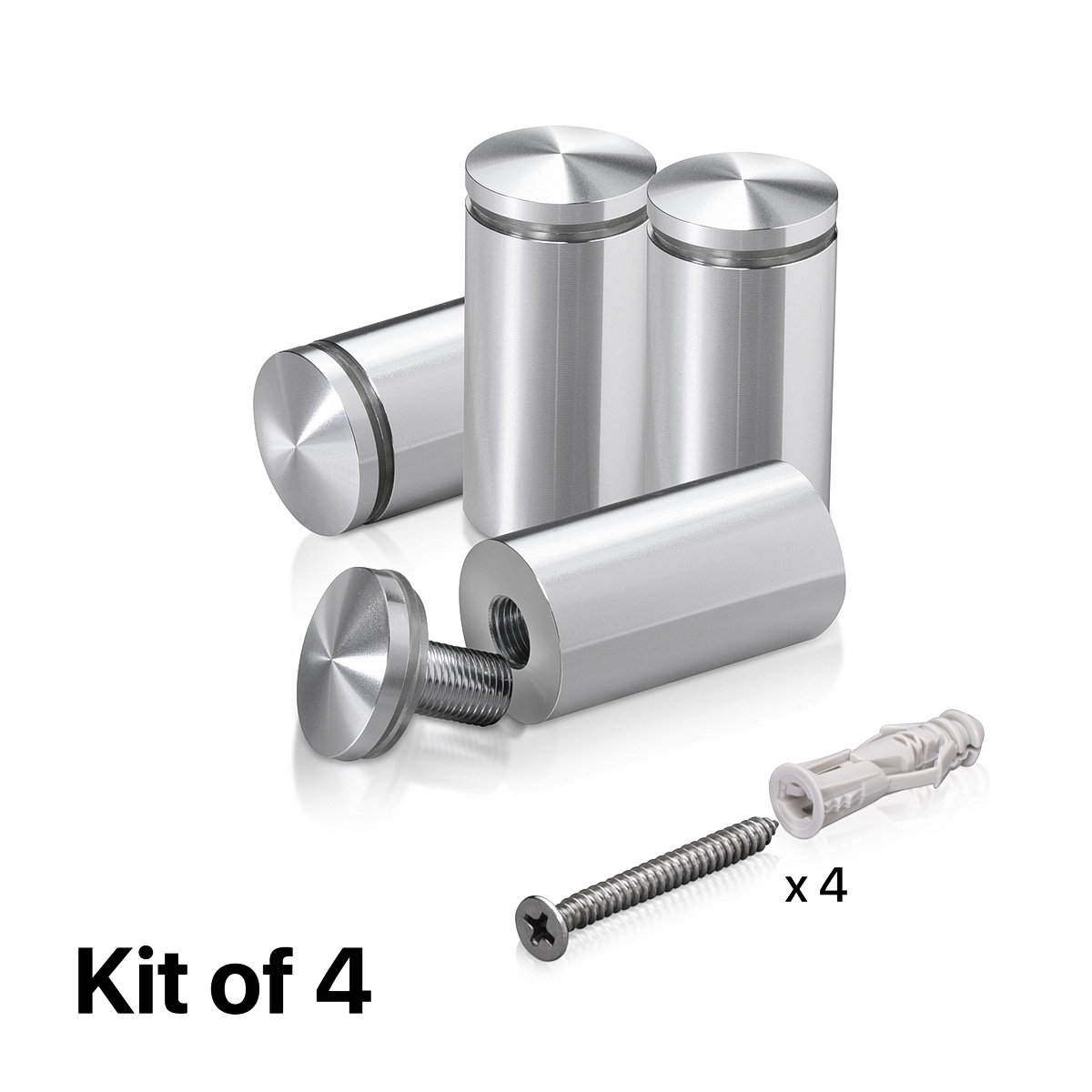 (Set of 4) 1'' Diameter X 1-3/4 Barrel Length, Aluminum Rounded Head Standoffs, Shiny Anodized Finish Standoff with (4) 2216Z Screws and (4) LANC1 Anchors for concrete or drywall (For Inside / Outside use) [Required Material Hole Size: 7/16'']