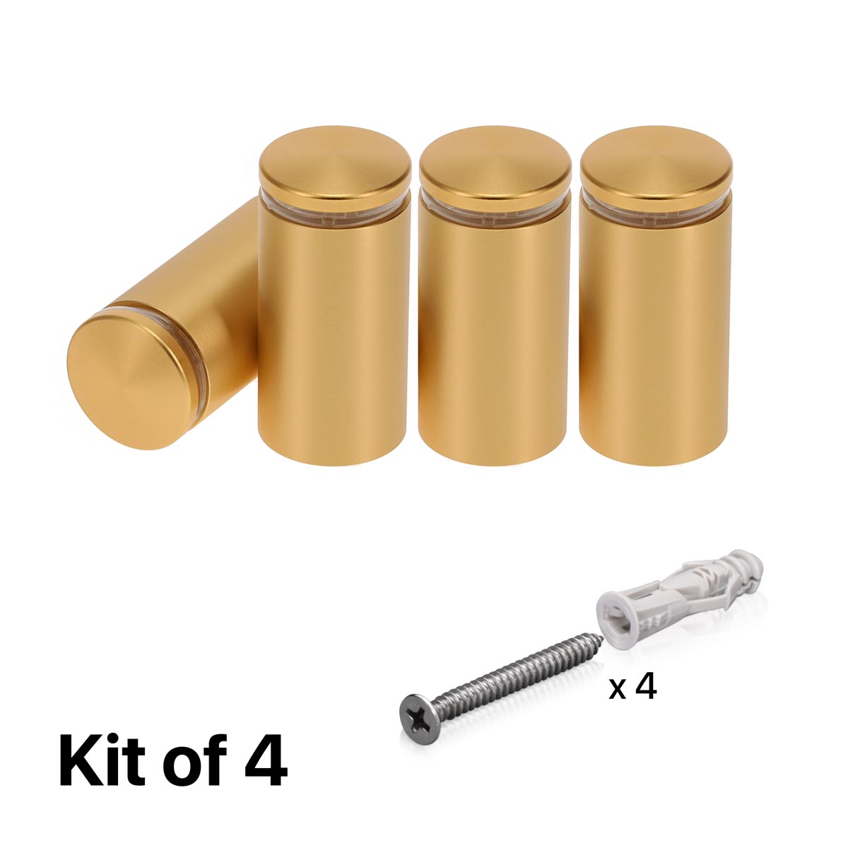 (Set of 4) 1'' Diameter X 1-3/4 Barrel Length, Alumi. Rounded Head Standoffs, Matte Champagne Anodized Finish Standoff with (4) 2216Z Screws and (4) LANC1 Anchors for concrete or drywall (For In / Out use) [Required Material Hole Size: 7/16'']