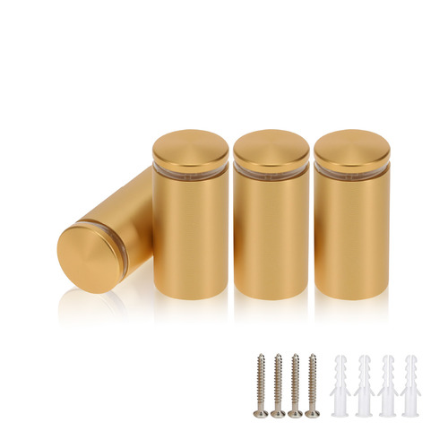 (Set of 4) 1'' Diameter X 1-3/4 Barrel Length, Alumi. Rounded Head Standoffs, Matte Champagne Anodized Finish Standoff with (4) 2216Z Screws and (4) LANC1 Anchors for concrete or drywall (For In / Out use) [Required Material Hole Size: 7/16'']