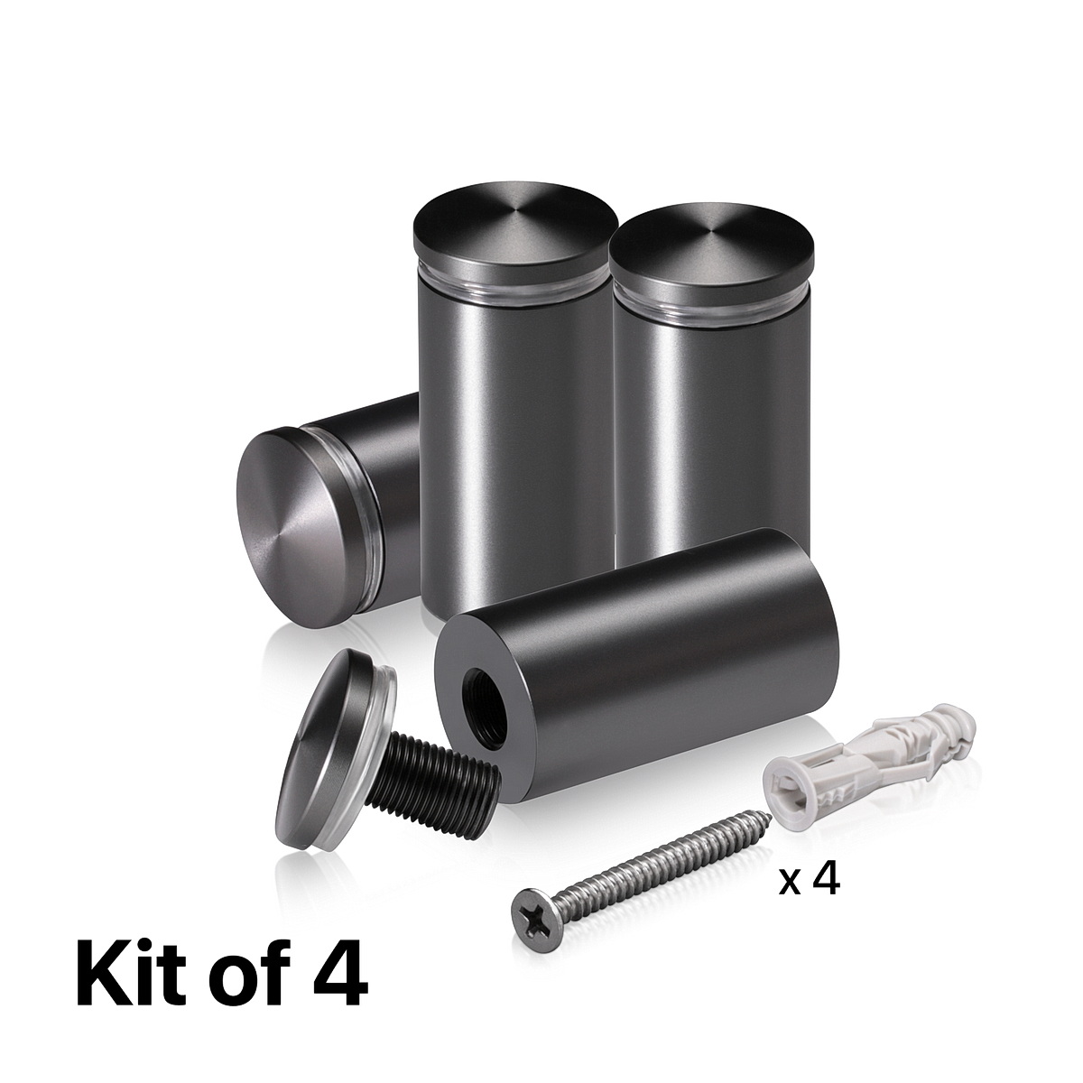 (Set of 4) 1'' Diameter X 1-3/4 Barrel Length, Aluminum Rounded Head Standoffs, Titanium Anodized Finish Standoff with (4) 2216Z Screws and (4) LANC1 Anchors for concrete or drywall (For Inside / Outside use) [Required Material Hole Size: 7/16'']
