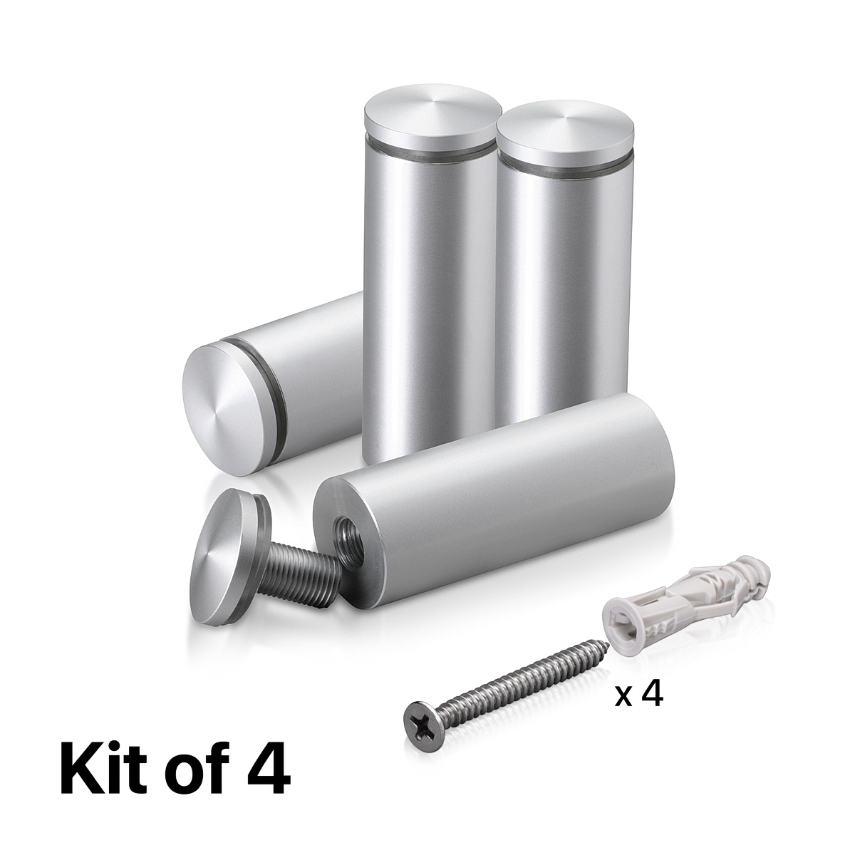 (Set of 4) 1'' Diameter X 2-1/2 Barrel Length, Aluminum Rounded Head Standoffs, Clear Anodized Finish Standoff with (4) 2216Z Screws and (4) LANC1 Anchors for concrete or drywall (For Inside / Outside use) [Required Material Hole Size: 7/16'']