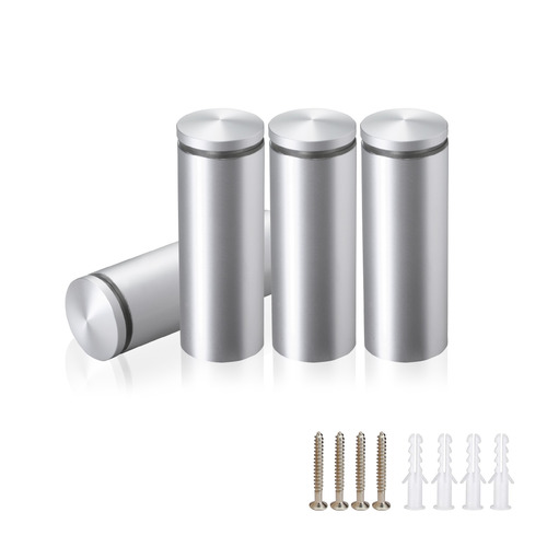 (Set of 4) 1'' Diameter X 2-1/2 Barrel Length, Aluminum Rounded Head Standoffs, Clear Anodized Finish Standoff with (4) 2216Z Screws and (4) LANC1 Anchors for concrete or drywall (For Inside / Outside use) [Required Material Hole Size: 7/16'']