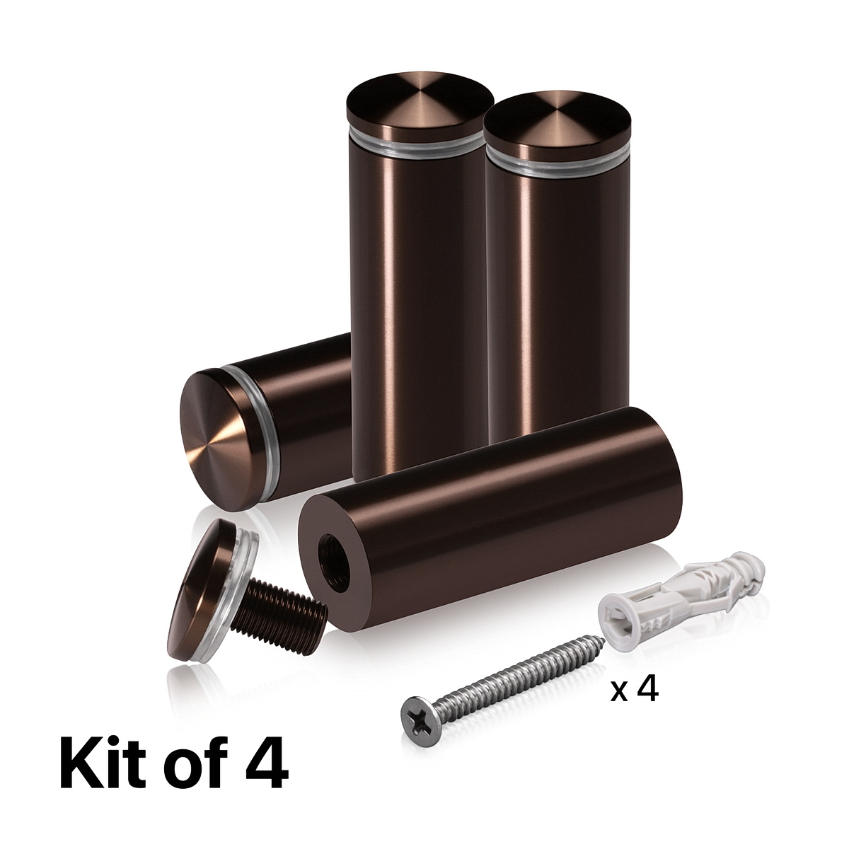(Set of 4) 1'' Diameter X 2-1/2 Barrel Length, Aluminum Rounded Head Standoffs, Bronze Anodized Finish Standoff with (4) 2216Z Screws and (4) LANC1 Anchors for concrete or drywall (For Inside / Outside use) [Required Material Hole Size: 7/16'']
