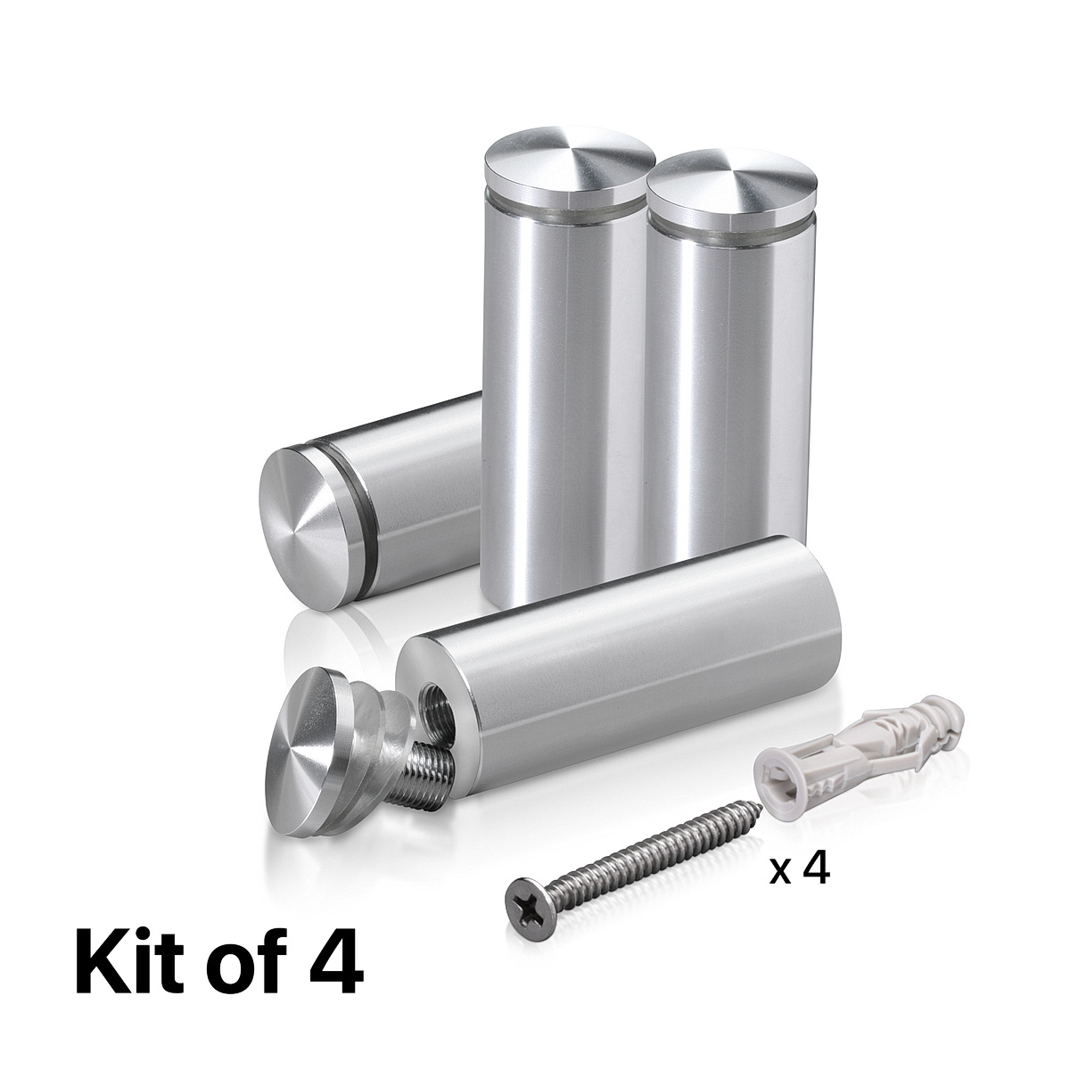 (Set of 4) 1'' Diameter X 2-1/2 Barrel Length, Aluminum Rounded Head Standoffs, Shiny Anodized Finish Standoff with (4) 2216Z Screws and (4) LANC1 Anchors for concrete or drywall (For Inside / Outside use) [Required Material Hole Size: 7/16'']