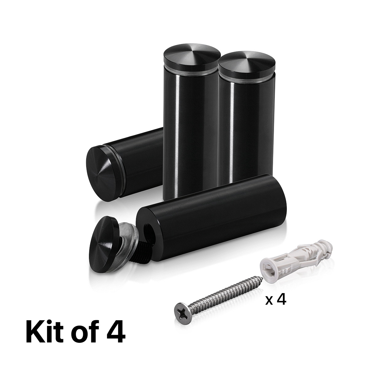(Set of 4) 1'' Diameter X 2-1/2 Barrel Length, Aluminum Rounded Head Standoffs, Black Anodized Finish Standoff with (4) 2216Z Screws and (4) LANC1 Anchors for concrete or drywall (For Inside / Outside use) [Required Material Hole Size: 7/16'']