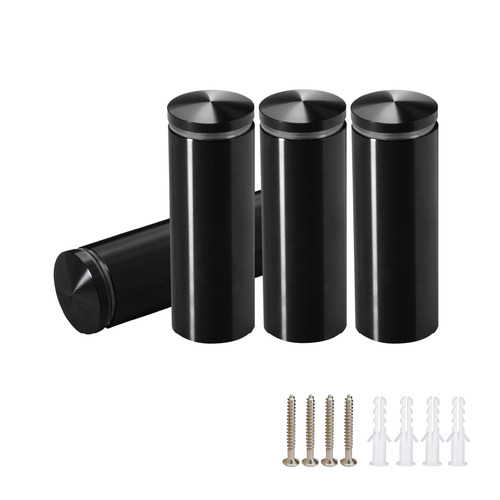 (Set of 4) 1'' Diameter X 2-1/2 Barrel Length, Aluminum Rounded Head Standoffs, Black Anodized Finish Standoff with (4) 2216Z Screws and (4) LANC1 Anchors for concrete or drywall (For Inside / Outside use) [Required Material Hole Size: 7/16'']
