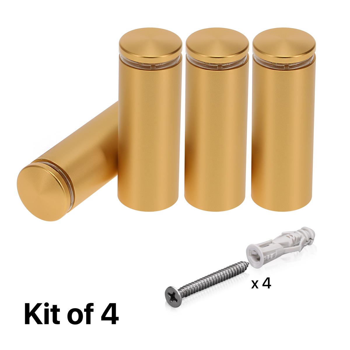 (Set of 4) 1'' Diameter X 2-1/2 Barrel Length, Alumi. Rounded Head Standoffs, Matte Champagne Anodized Finish Standoff with (4) 2216Z Screws and (4) LANC1 Anchors for concrete or drywall (For In / Out use) [Required Material Hole Size: 7/16'']