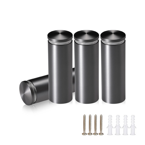 (Set of 4) 1'' Diameter X 2-1/2 Barrel Length, Aluminum Rounded Head Standoffs, Titanium Anodized Finish Standoff with (4) 2216Z Screws and (4) LANC1 Anchors for concrete or drywall (For Inside / Outside use) [Required Material Hole Size: 7/16'']