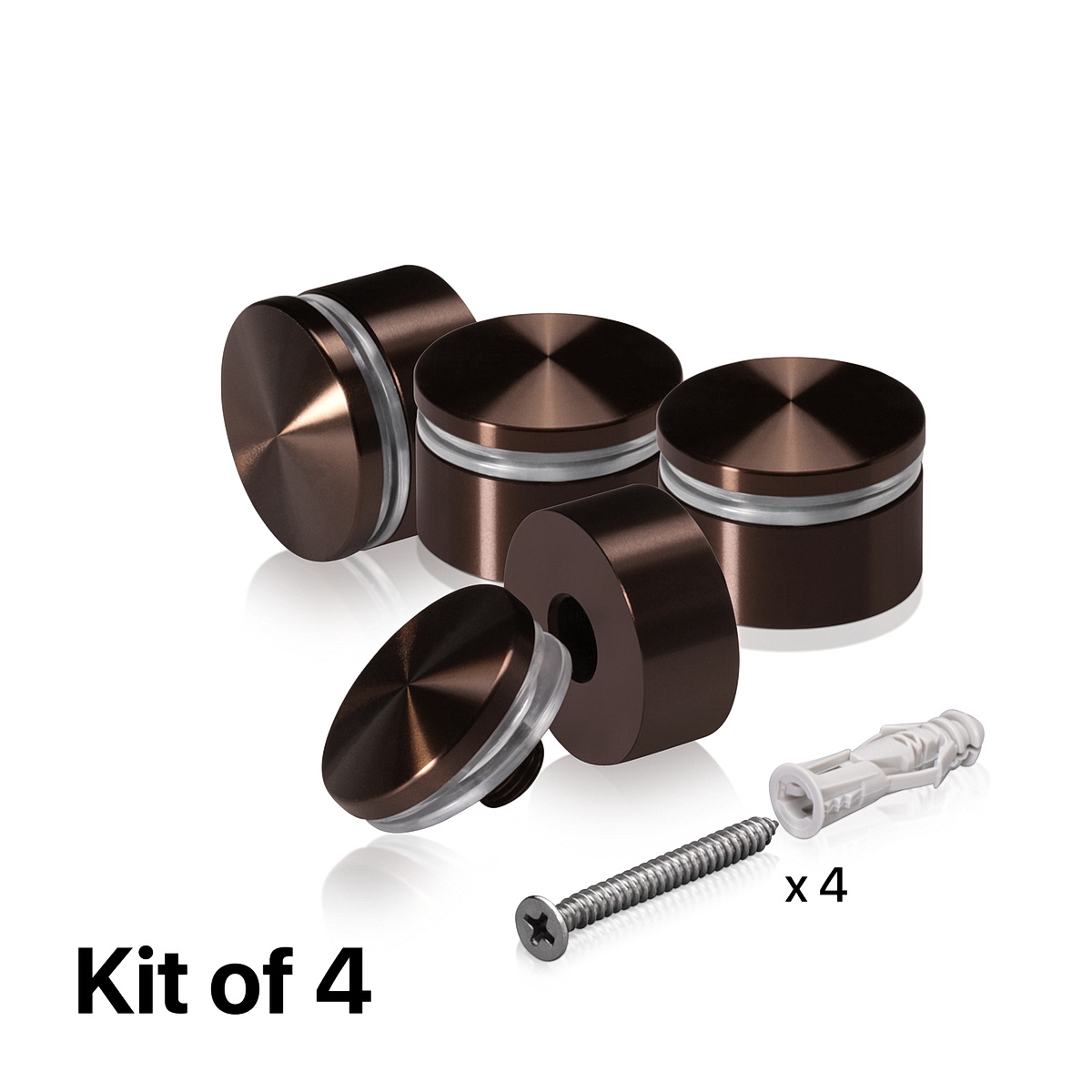 (Set of 4) 1-1/4'' Diameter X 1/2'' Barrel Length, Aluminum Rounded Head Standoffs, Bronze Anodized Finish Standoff with (4) 2216Z Screws and (4) LANC1 Anchors for concrete or drywall (For Inside / Outside use) [Required Material Hole Size: 7/16'']
