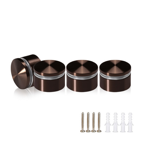 (Set of 4) 1-1/4'' Diameter X 1/2'' Barrel Length, Aluminum Rounded Head Standoffs, Bronze Anodized Finish Standoff with (4) 2216Z Screws and (4) LANC1 Anchors for concrete or drywall (For Inside / Outside use) [Required Material Hole Size: 7/16'']