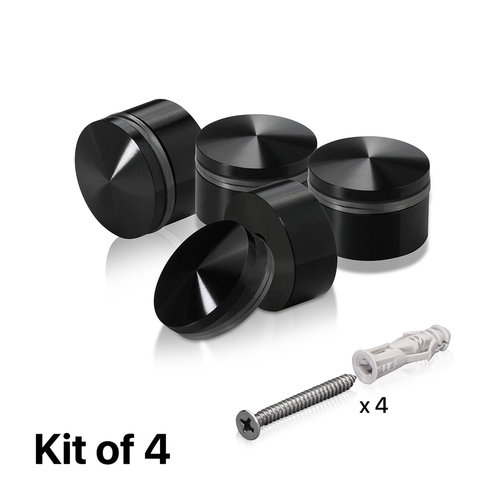 (Set of 4) 1-1/4'' Diameter X 1/2'' Barrel Length, Aluminum Rounded Head Standoffs, Black Anodized Finish Standoff with (4) 2216Z Screws and (4) LANC1 Anchors for concrete or drywall (For Inside / Outside use) [Required Material Hole Size: 7/16'']
