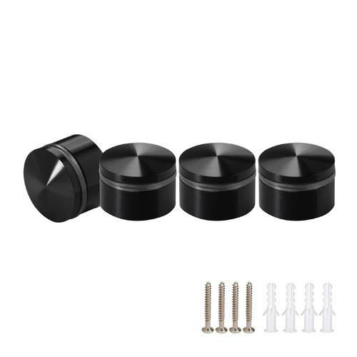 (Set of 4) 1-1/4'' Diameter X 1/2'' Barrel Length, Aluminum Rounded Head Standoffs, Black Anodized Finish Standoff with (4) 2216Z Screws and (4) LANC1 Anchors for concrete or drywall (For Inside / Outside use) [Required Material Hole Size: 7/16'']
